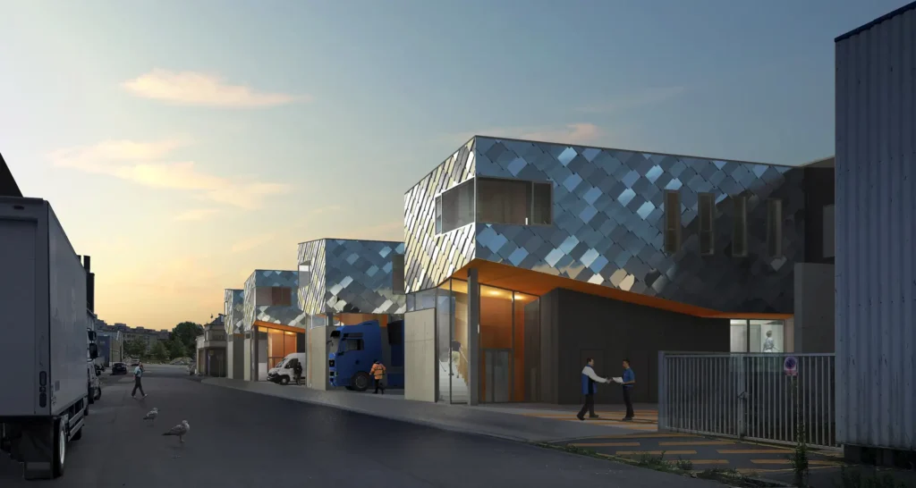 Projet de cellules halieutiques à Boulogne-sur-Mer, volumes métalliques en émergence sur socle béton, concours pour la CAB, ARCHIFIX
