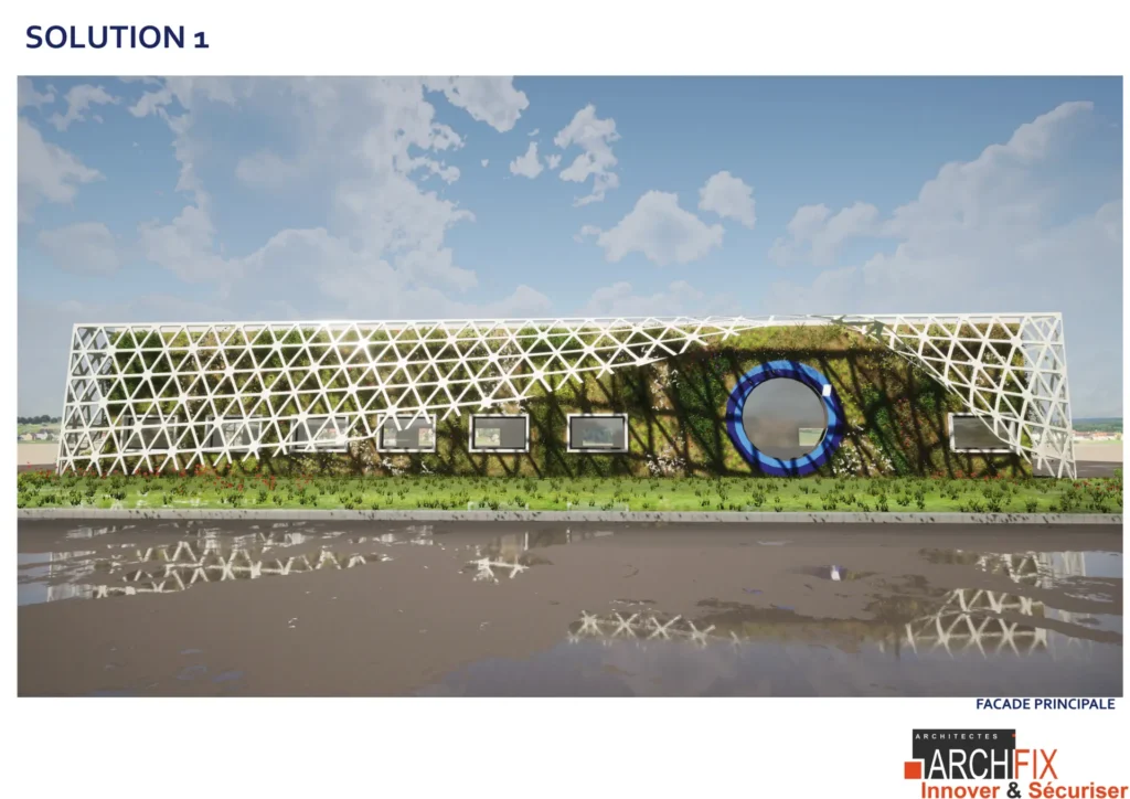Salle de contrôle EQIOM à Lumbres avec façade végétalisée et résille architecturale en BFUP