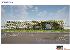 Salle de contrôle EQIOM à Lumbres avec façade végétalisée et résille architecturale en BFUP